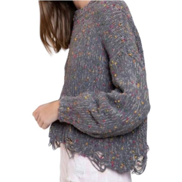 POL Distressed Sweater Small | Gray Ripped Sweater with Rainbow Confetti Detail - Picture 2 of 16